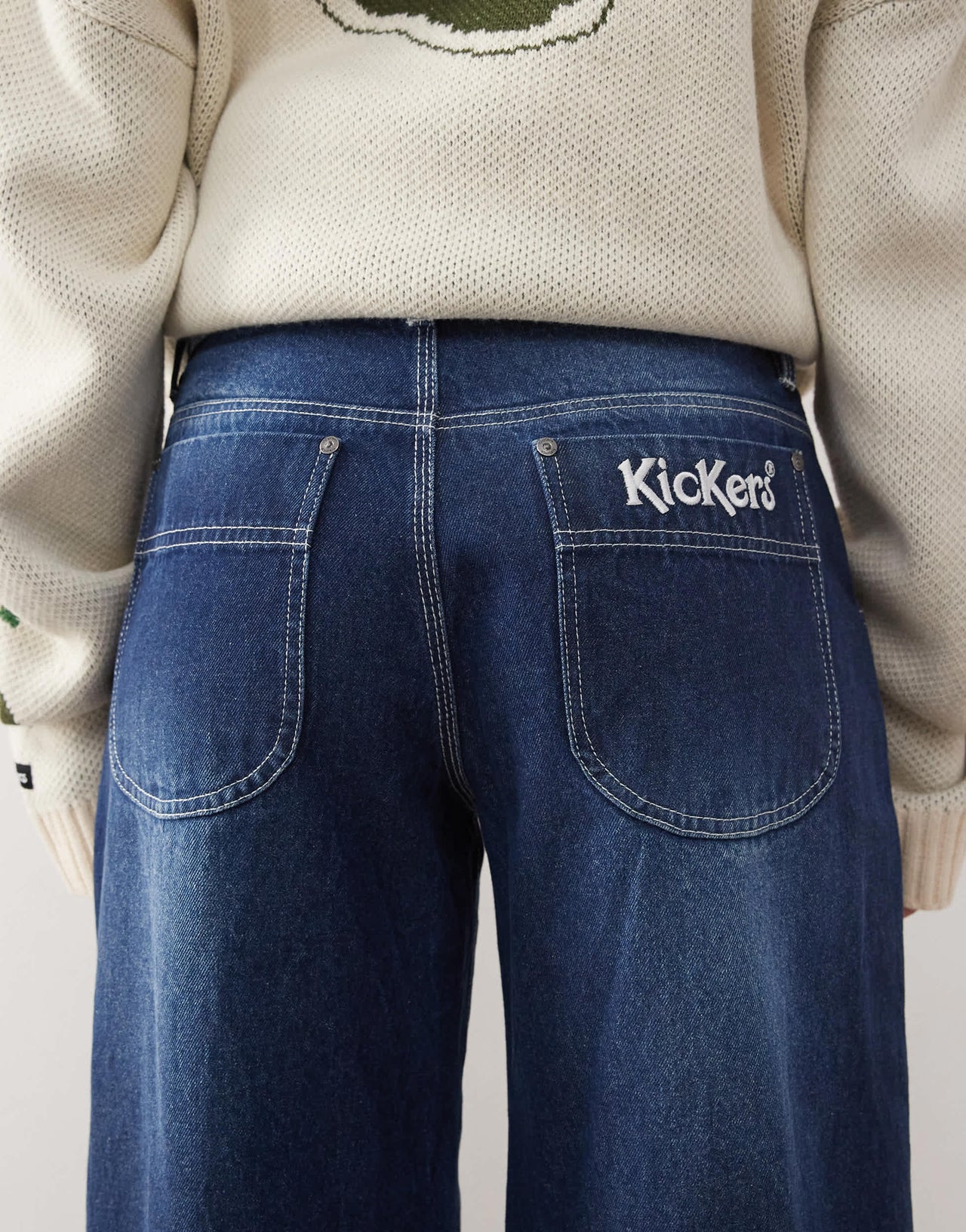 Kickers wide leg pocket detail jeans in washed indigo