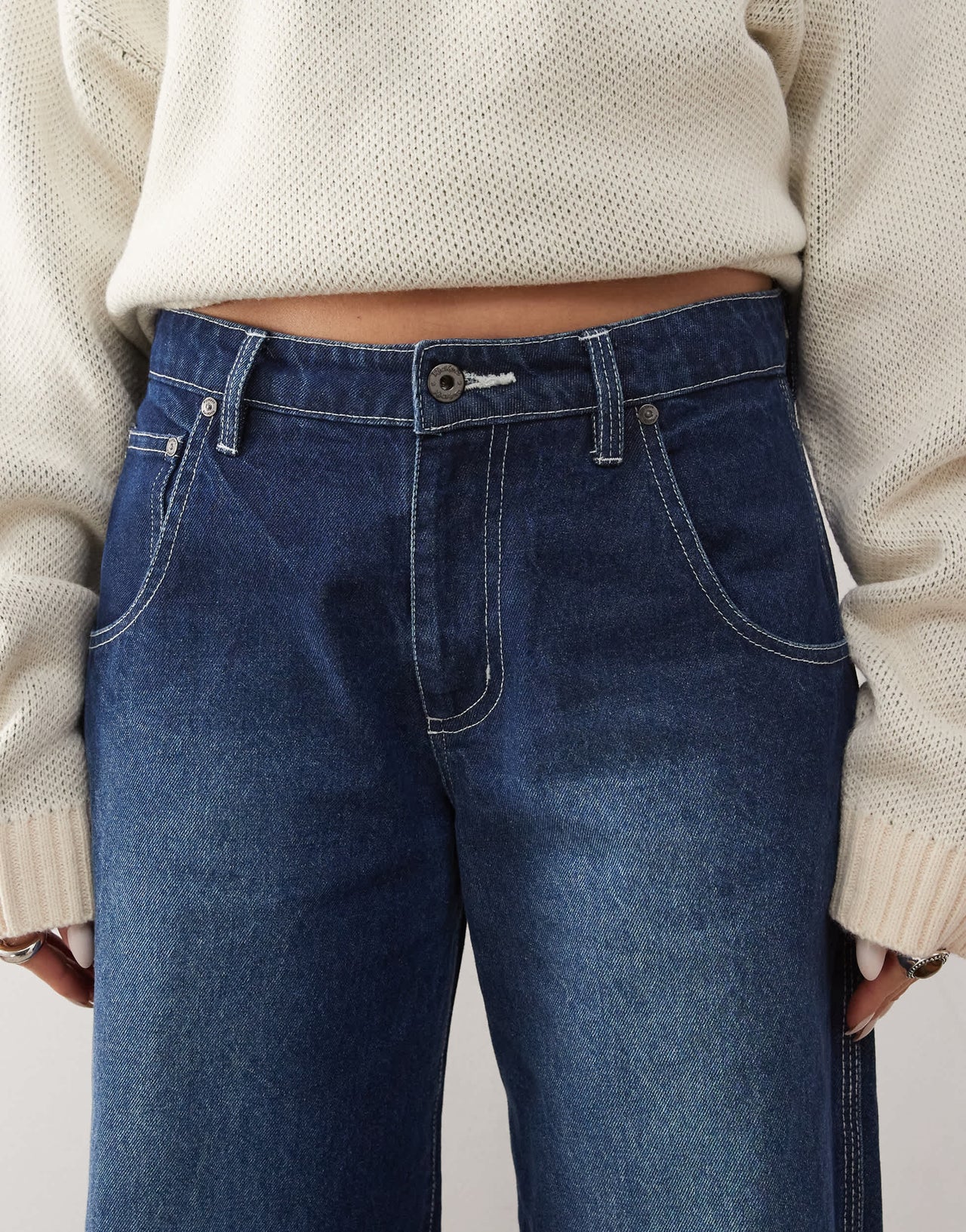 Kickers wide leg pocket detail jeans in washed indigo