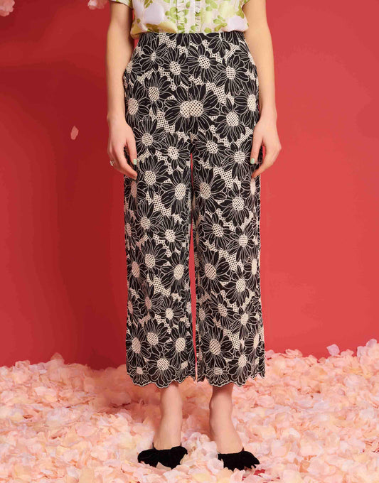 Dream Sister Jane flower embroidered trouser co-ord in black