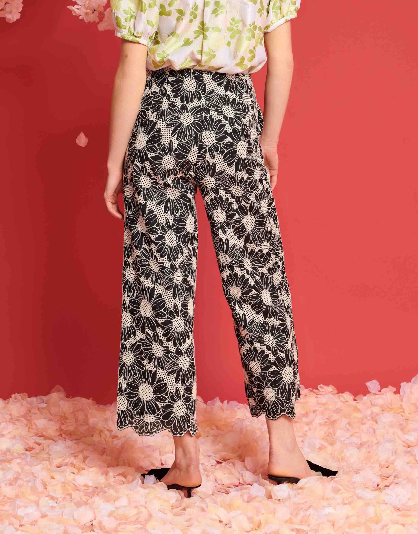 Dream Sister Jane flower embroidered trouser co-ord in black