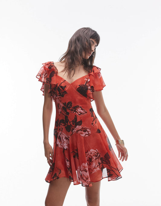 Topshop ruffle mini tea dress in pink rose print