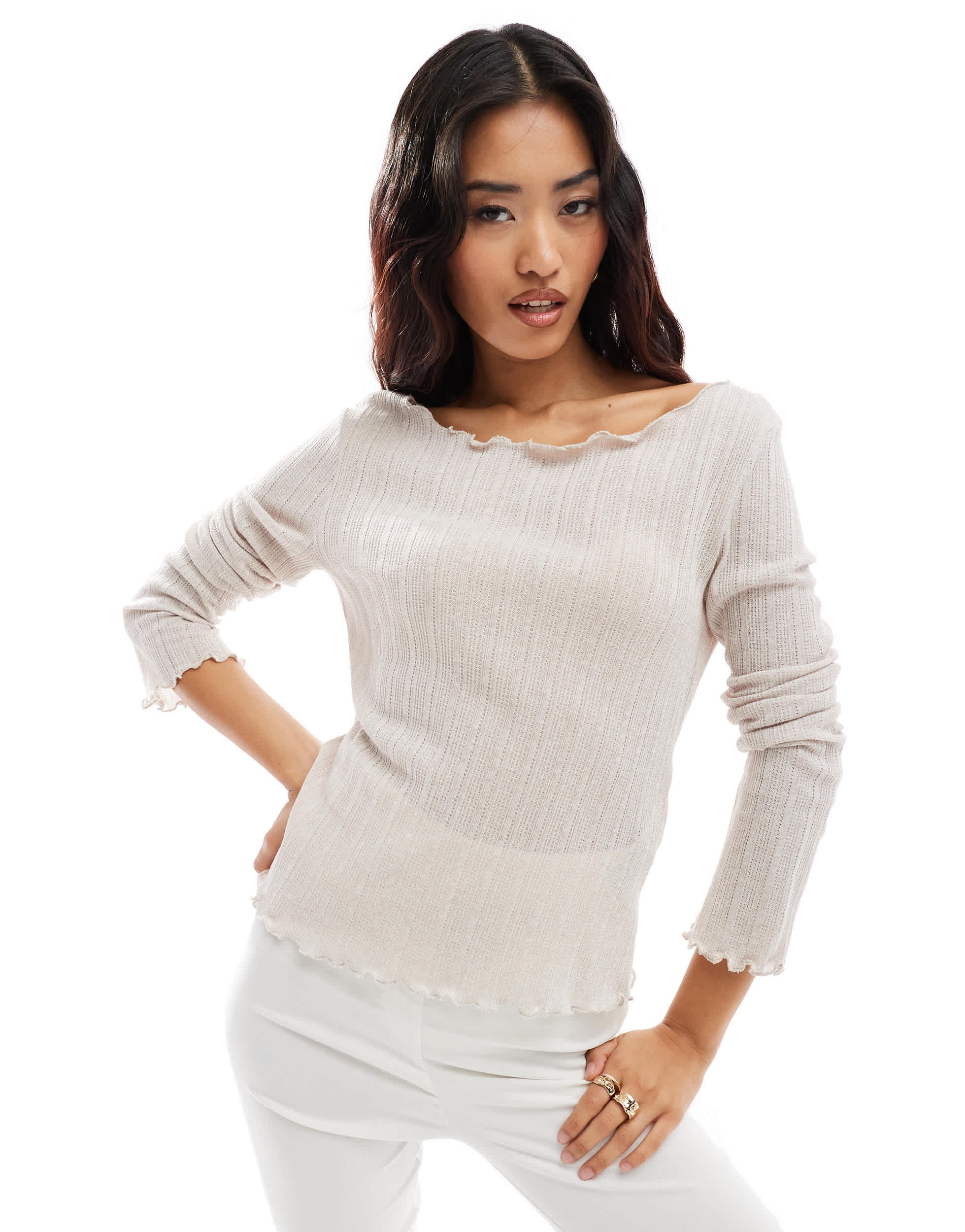 Object lettuce edge long sleeve top in sandshell