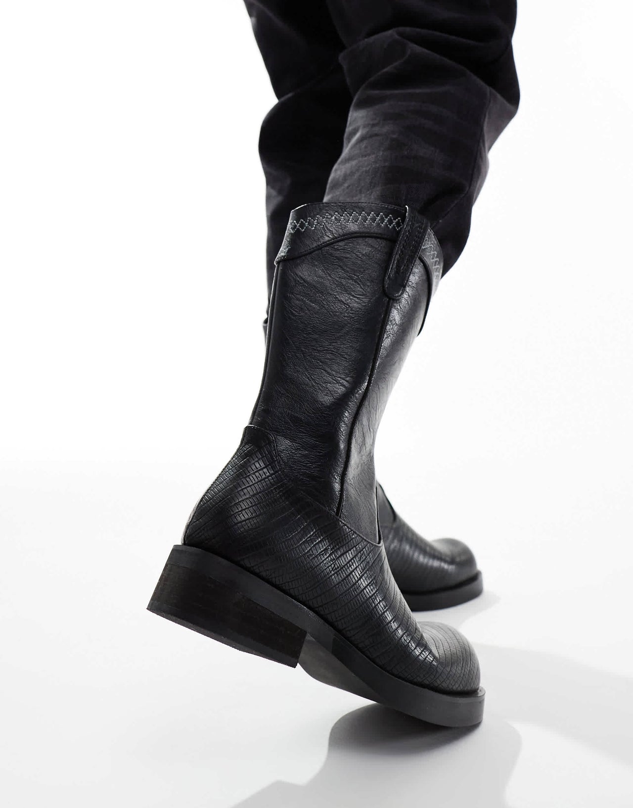 KOI The Last Courtship ornate stacked western cowboy boots in black lizard