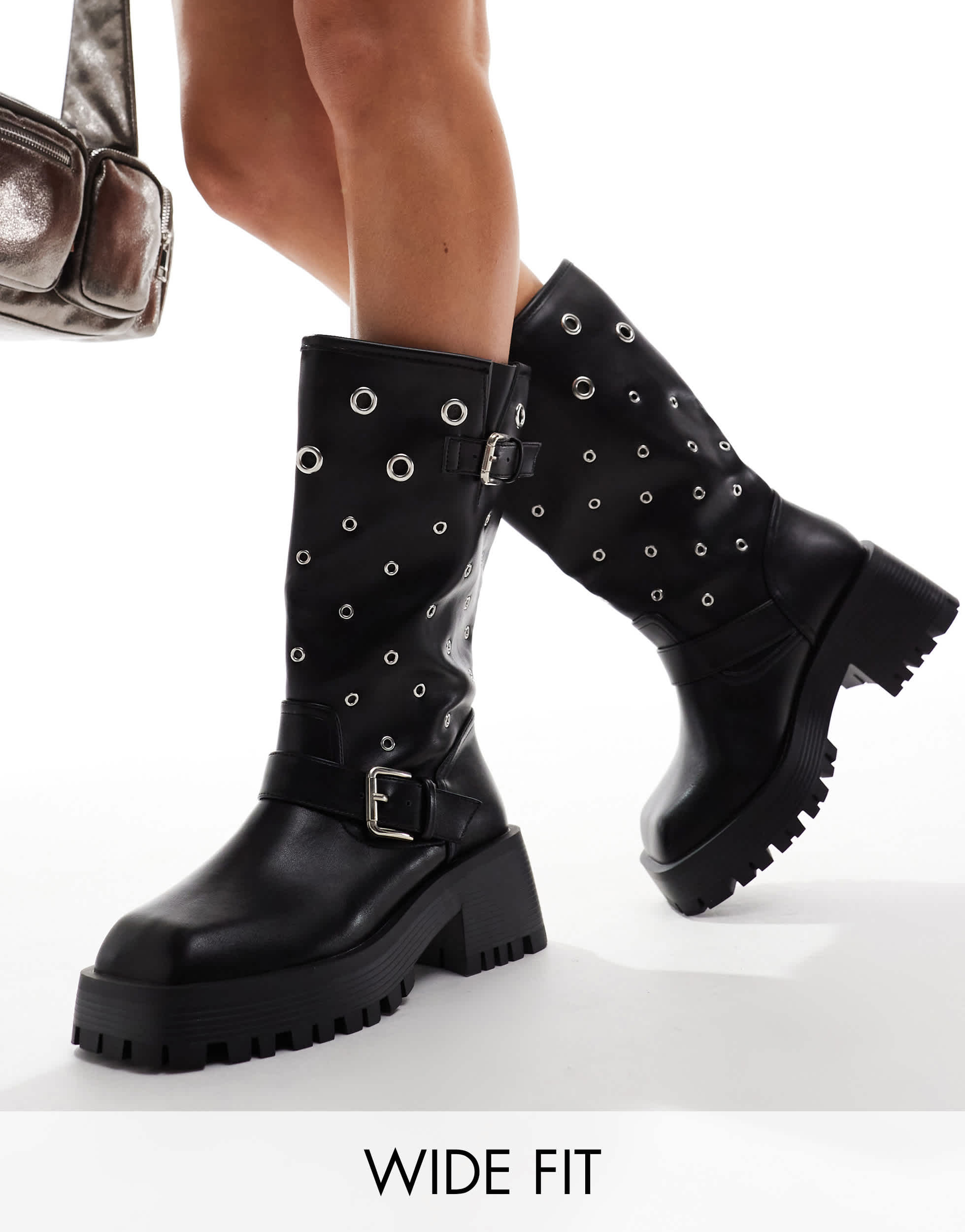 RAID Wide Fit Jaanvi biker knee boots with eyelets in black
