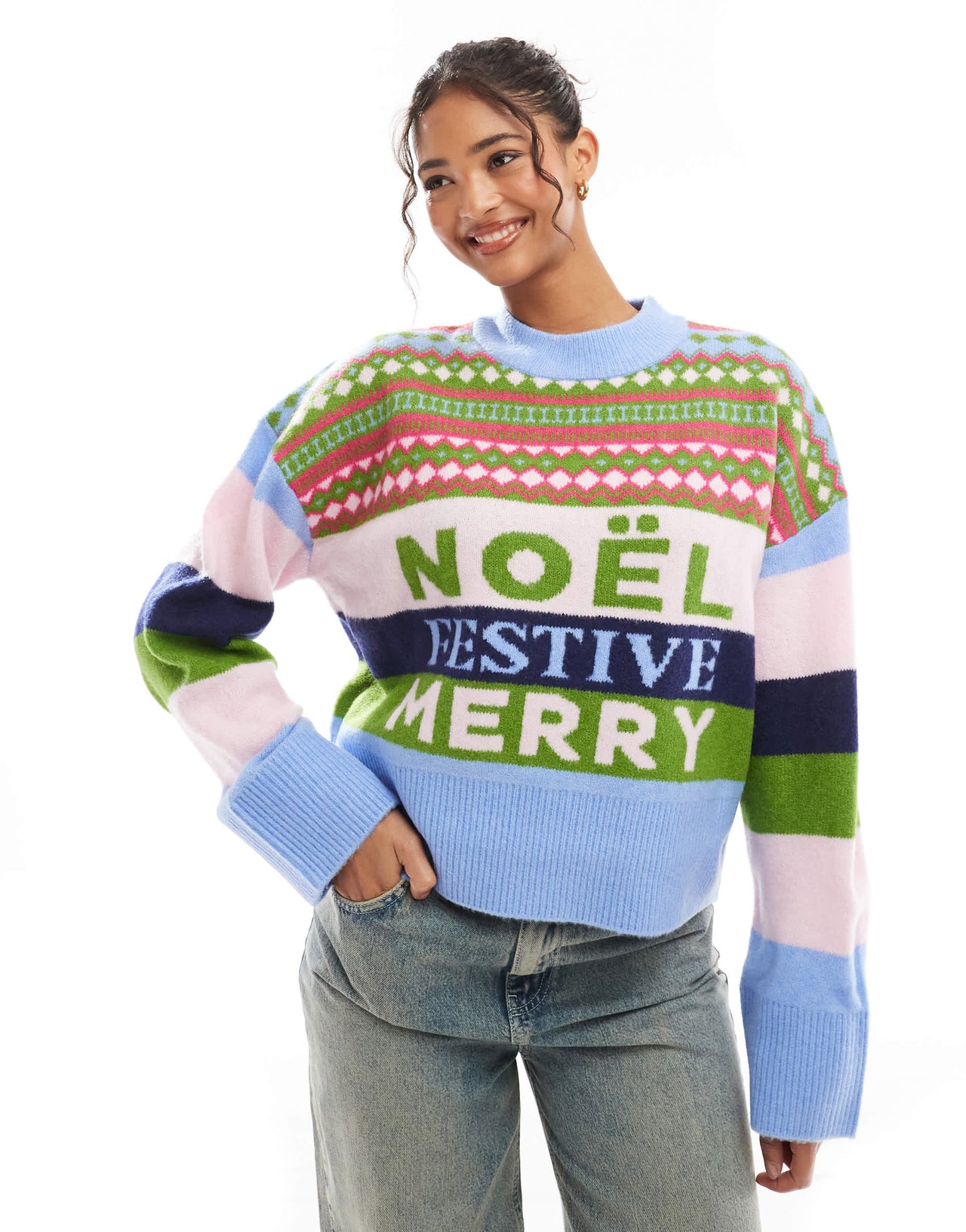 ASOS DESIGN slogan christmas jumper in multi stripe