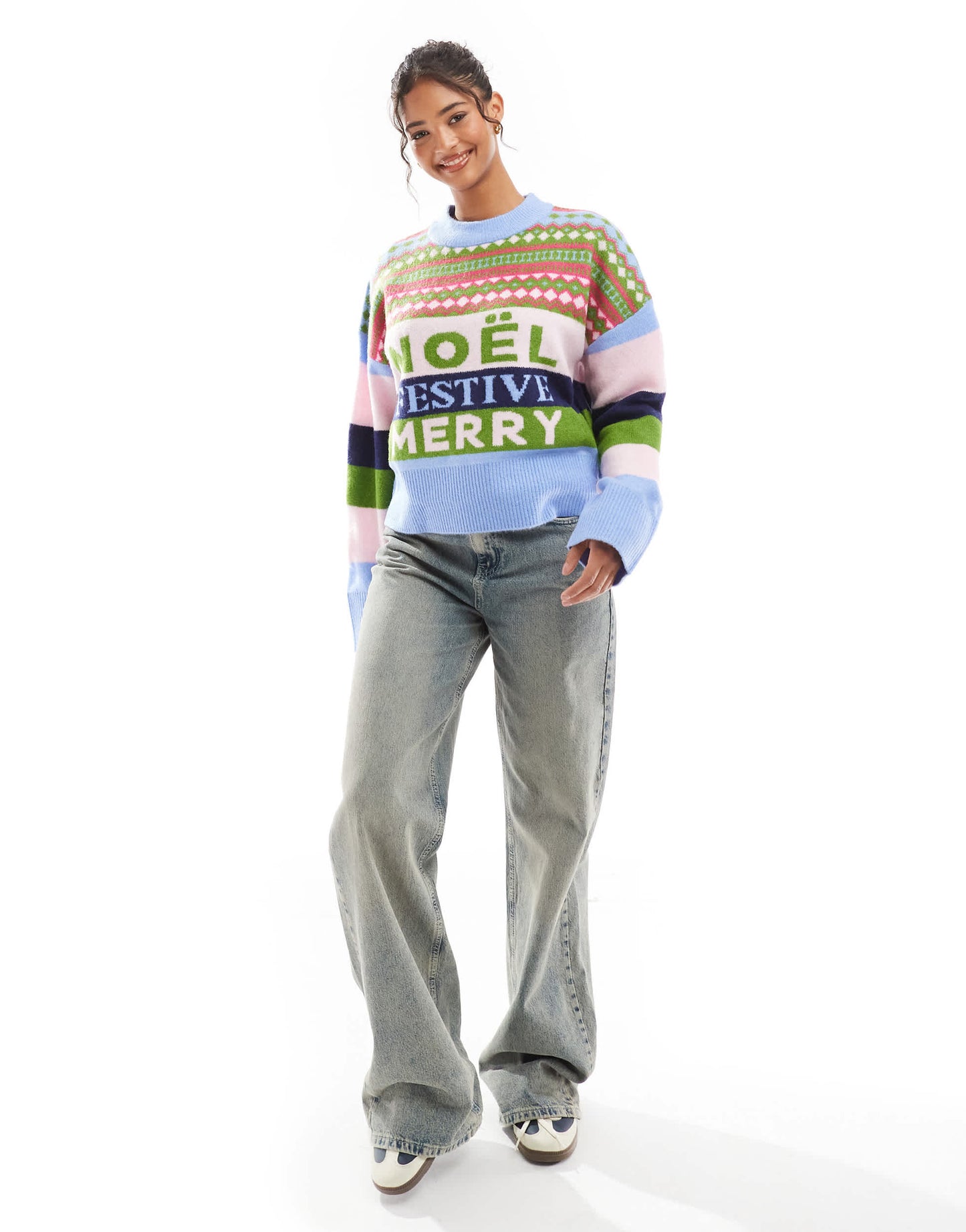 ASOS DESIGN slogan christmas jumper in multi stripe