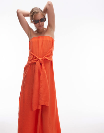 Topshop tie front bandaeu dress in red
