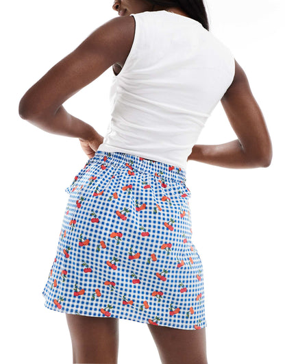Pieces wrap front mini skirt in gingham cherry print