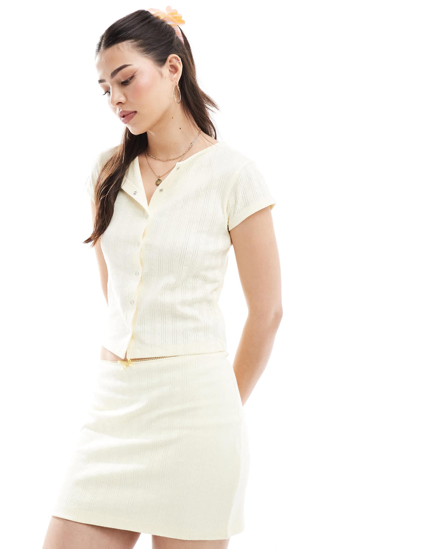 ASOS DESIGN pointelle mini skirt co ord in light yellow