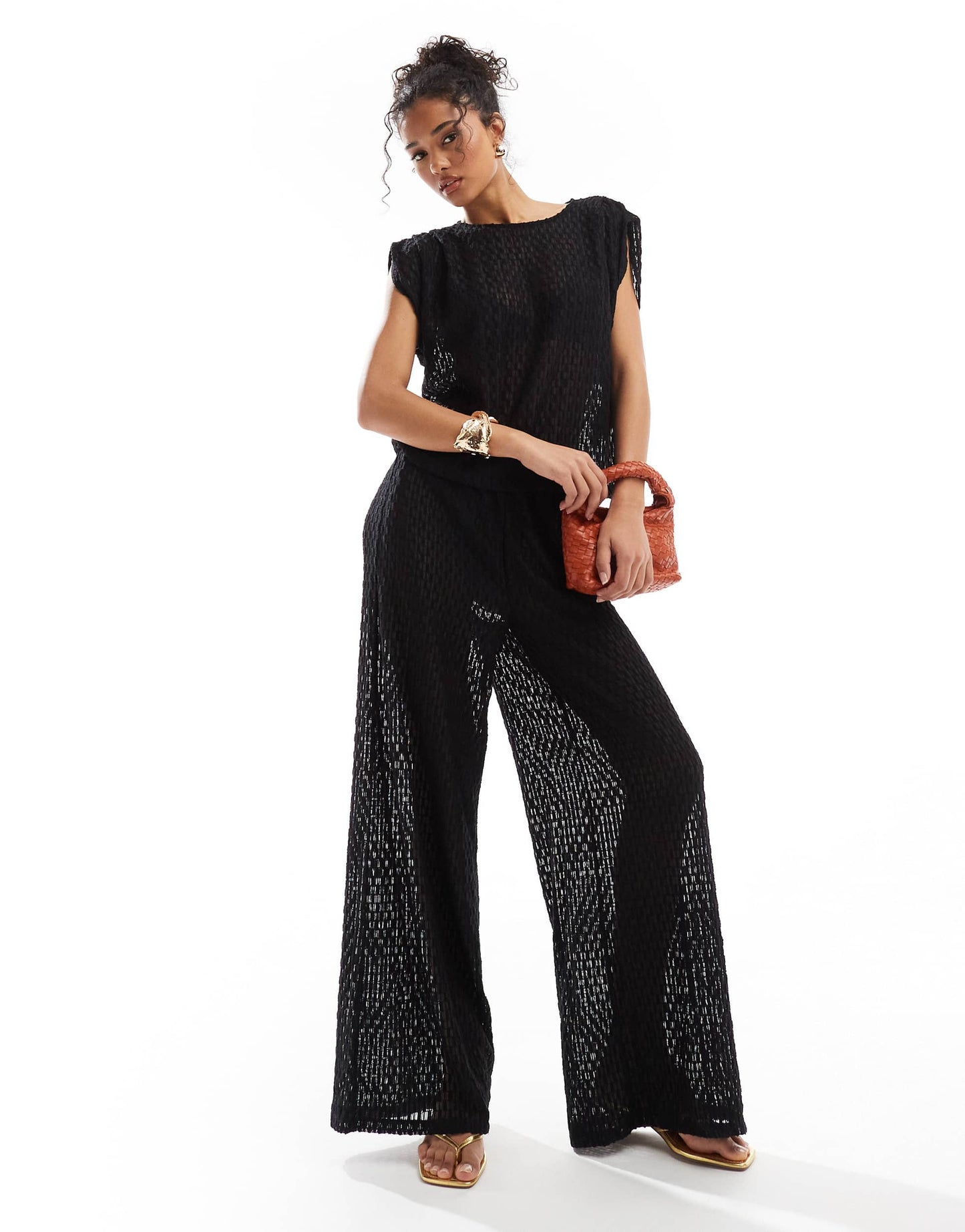 Vero Moda pull on sheer textured top co-ord in black
