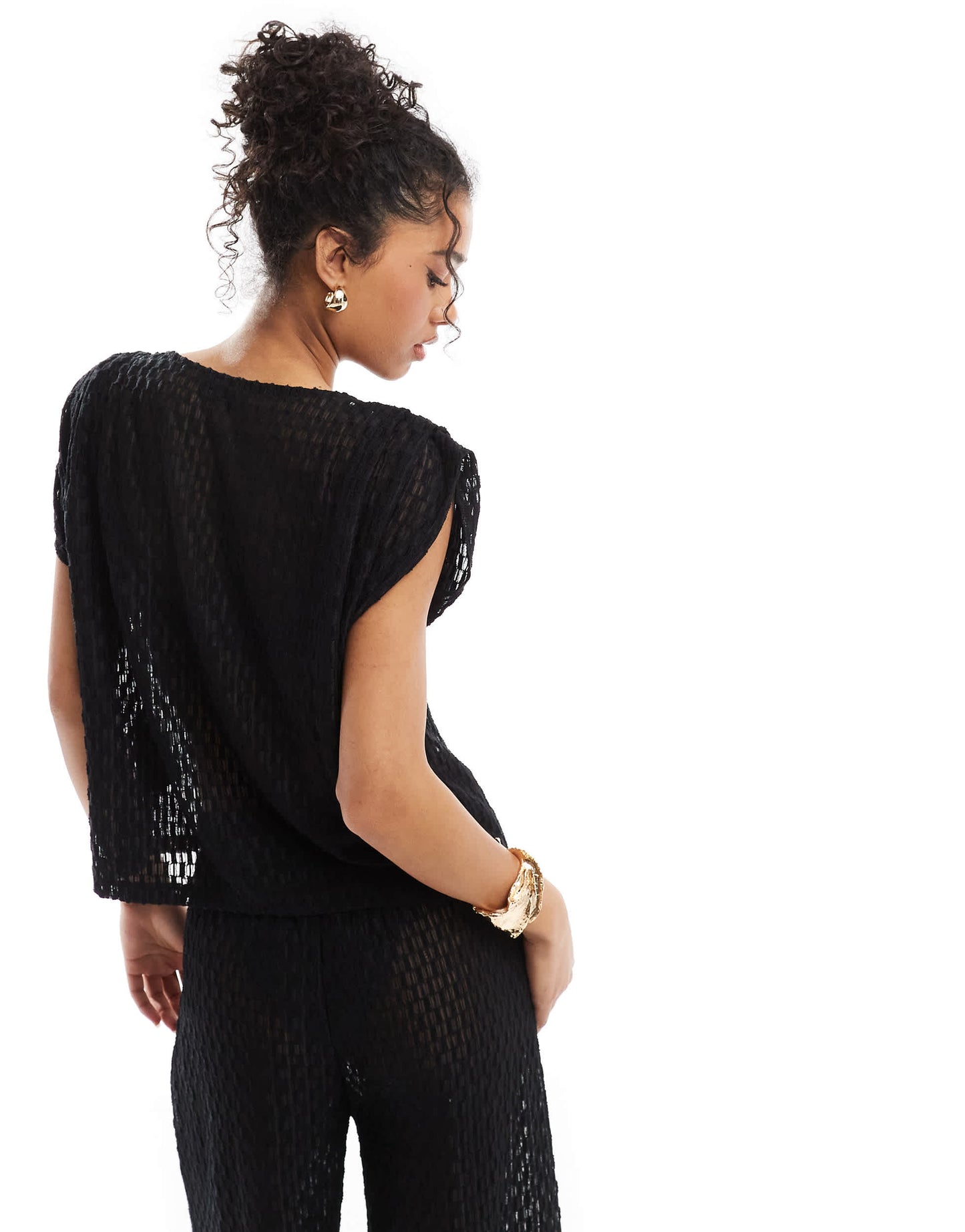 Vero Moda pull on sheer textured top co-ord in black