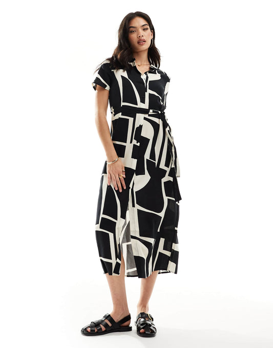 Vero Moda maxi buttondown shirt dress in abstract mono print