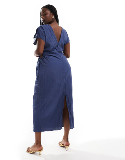 ASOS DESIGN Curve split cap sleeve cut out midi dress in washed blue