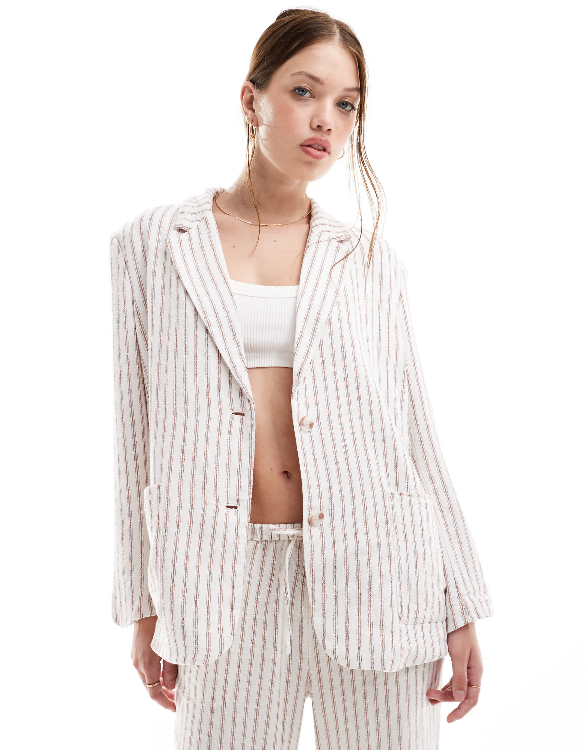 Vero Moda linen blend oversized blazer co-ord in terracotta stripe