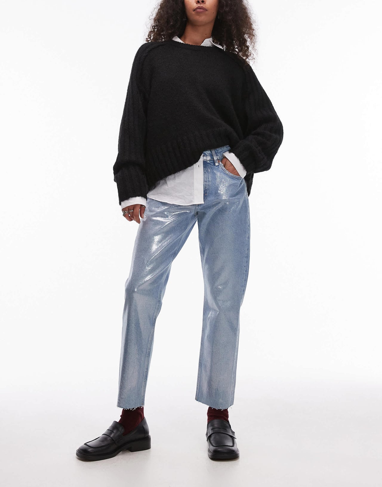 Topshop mid rise straight cropped silver foil jean in bleach