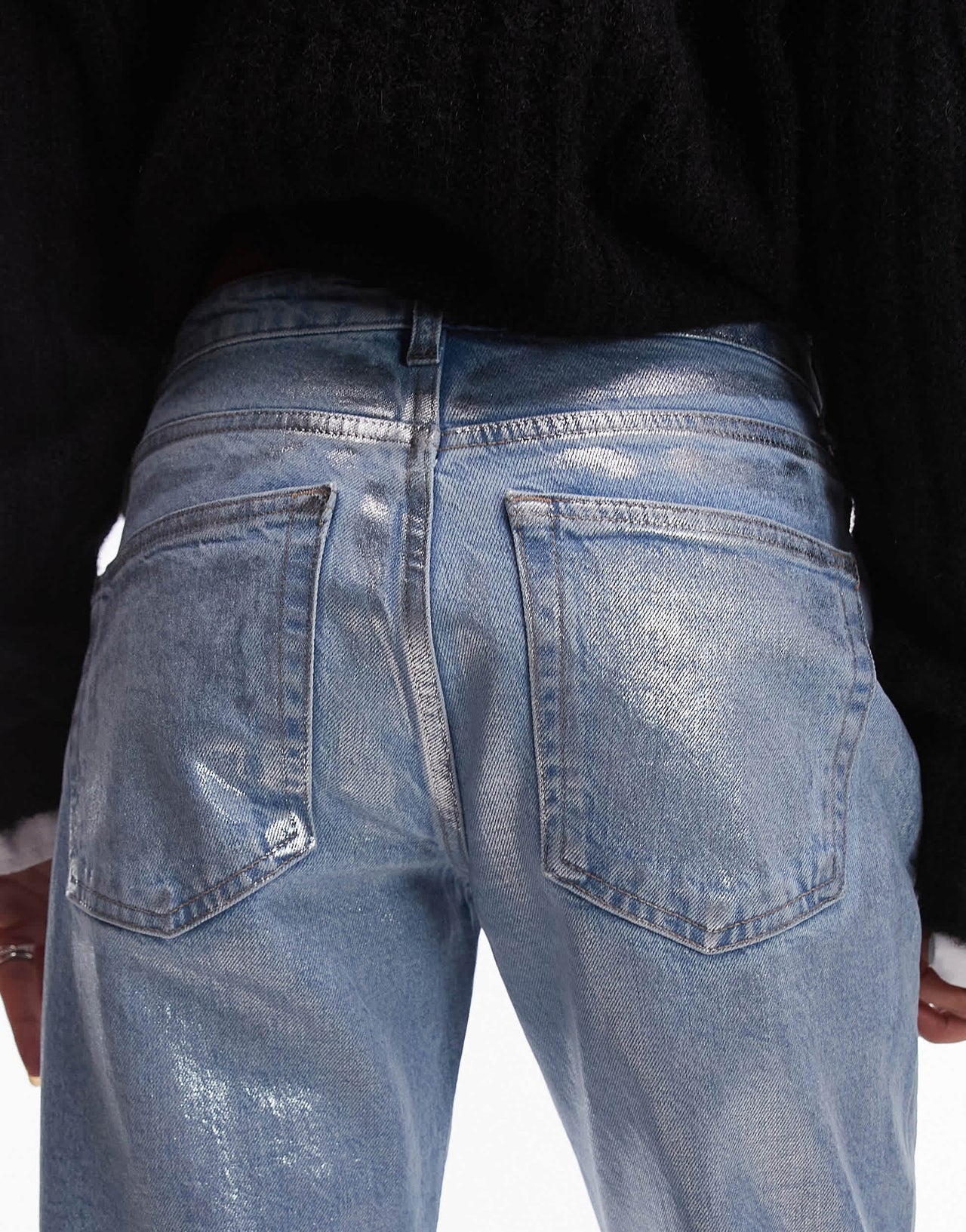 Topshop mid rise straight cropped silver foil jean in bleach