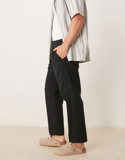 Abercrombie & Fitch pull on linen pleated loose fit trousers in black
