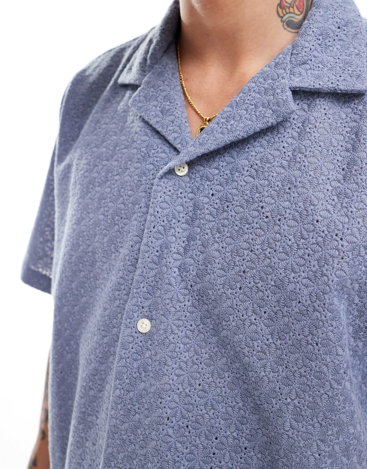 Abercrombie & Fitch short sleeve cropped oversized little lace shirt in light blue