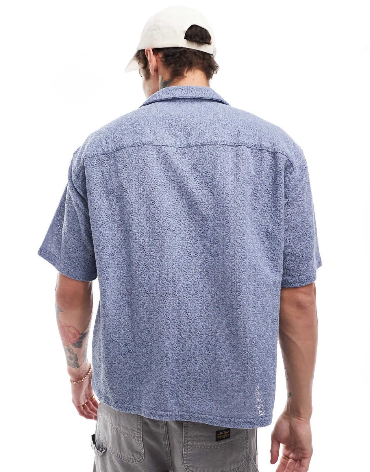 Abercrombie & Fitch short sleeve cropped oversized little lace shirt in light blue