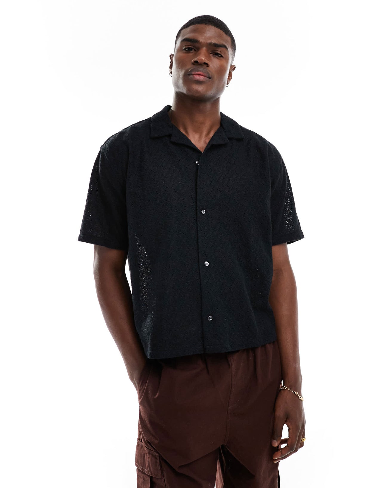 Abercrombie & Fitch short sleeve cropped oversized little lace shirt in black