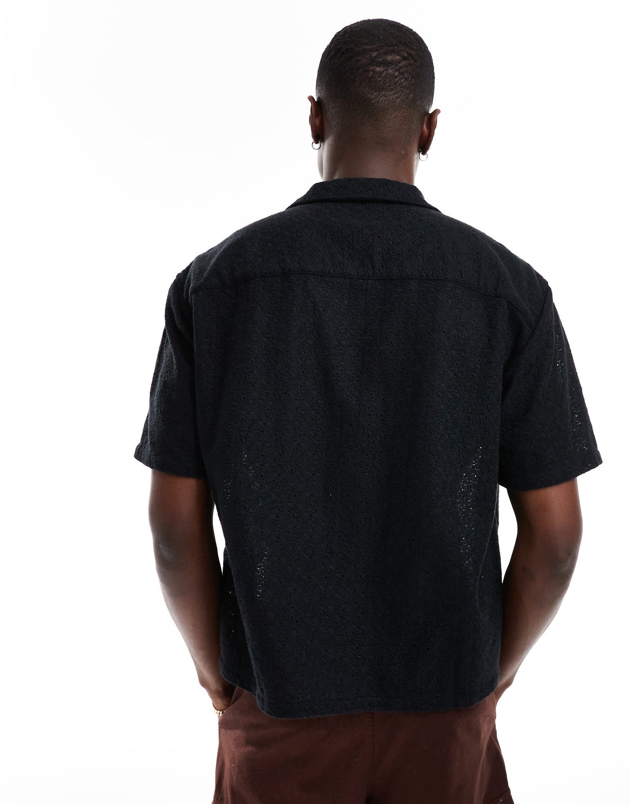 Abercrombie & Fitch short sleeve cropped oversized little lace shirt in black