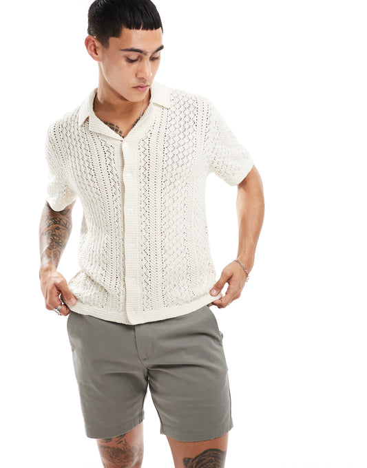 Abercrombie & Fitch buttonthrough open stitch knit polo in cream