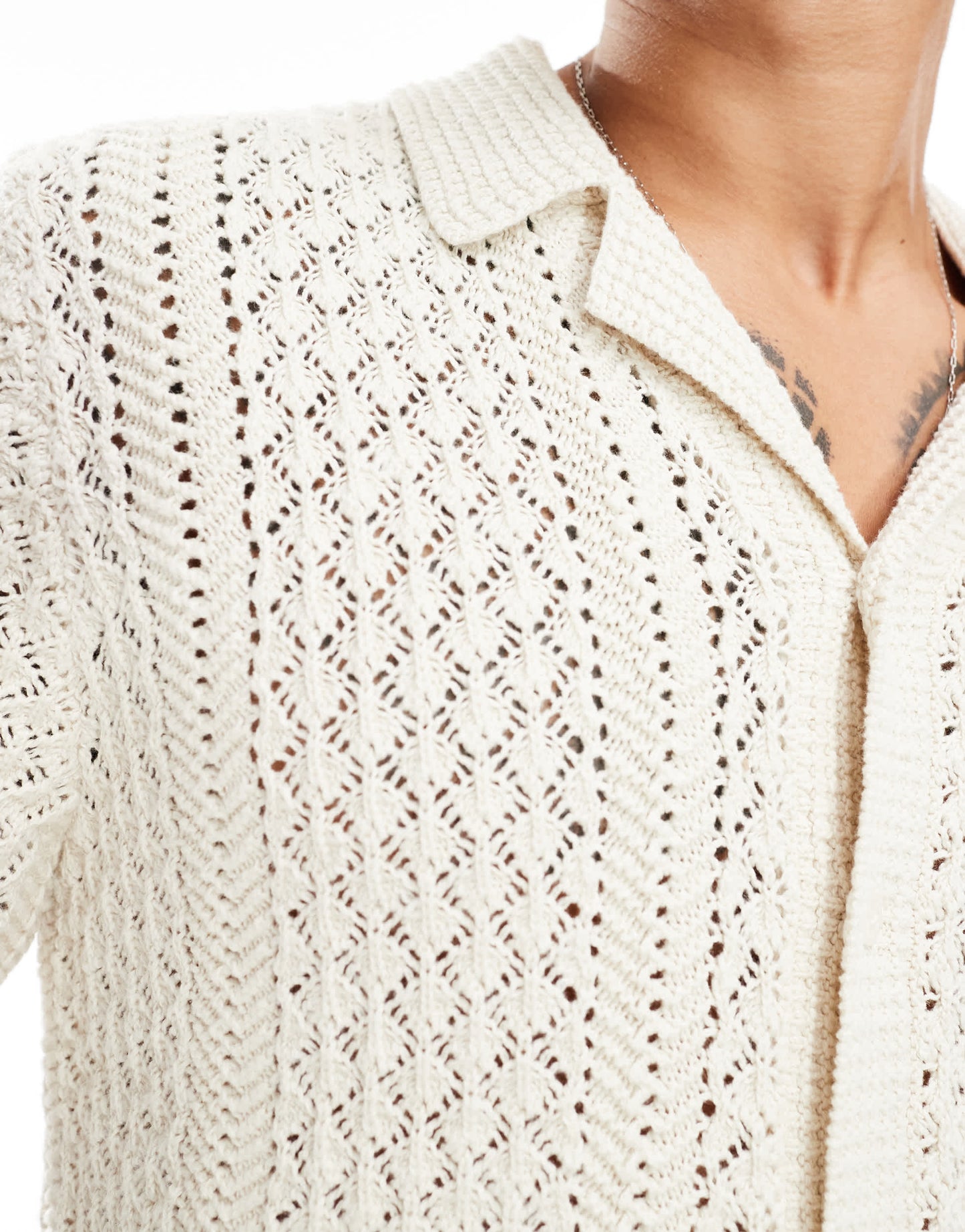 Abercrombie & Fitch buttonthrough open stitch knit polo in cream