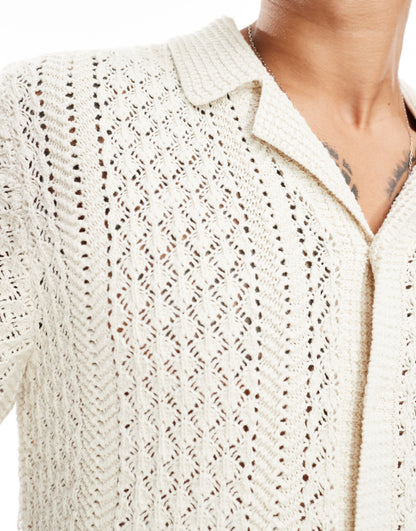 Abercrombie & Fitch buttonthrough open stitch knit polo in cream
