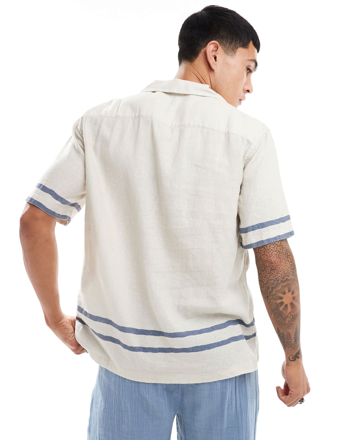 Abercrombie & Fitch short sleeve fruit embroidery revere collar linen shirt in tan