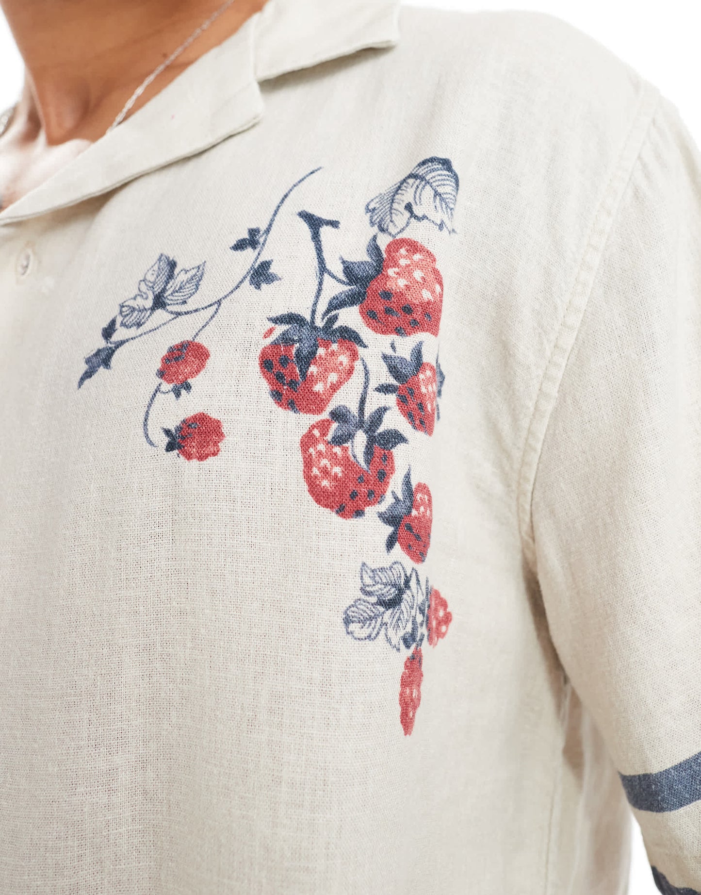 Abercrombie & Fitch short sleeve fruit embroidery revere collar linen shirt in tan
