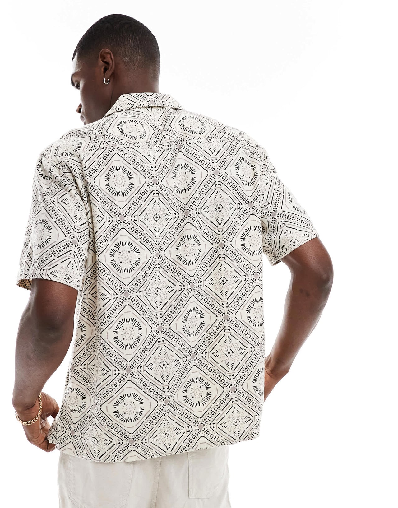 Abercrombie & Fitch short sleeve pattern embroid linen shirt in tan