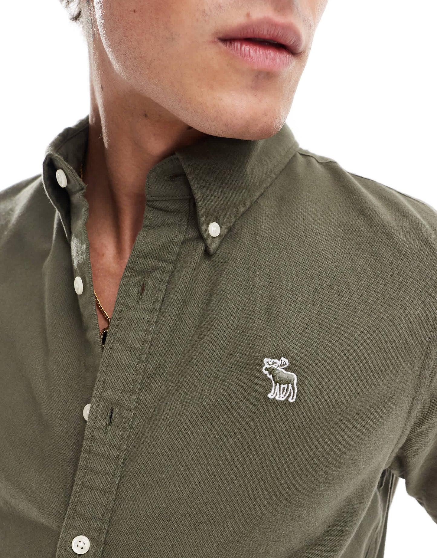 Abercrombie & Fitch short sleeve elevated icon logo oxford shirt in dark green