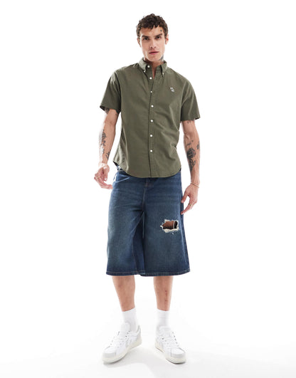 Abercrombie & Fitch short sleeve elevated icon logo oxford shirt in dark green