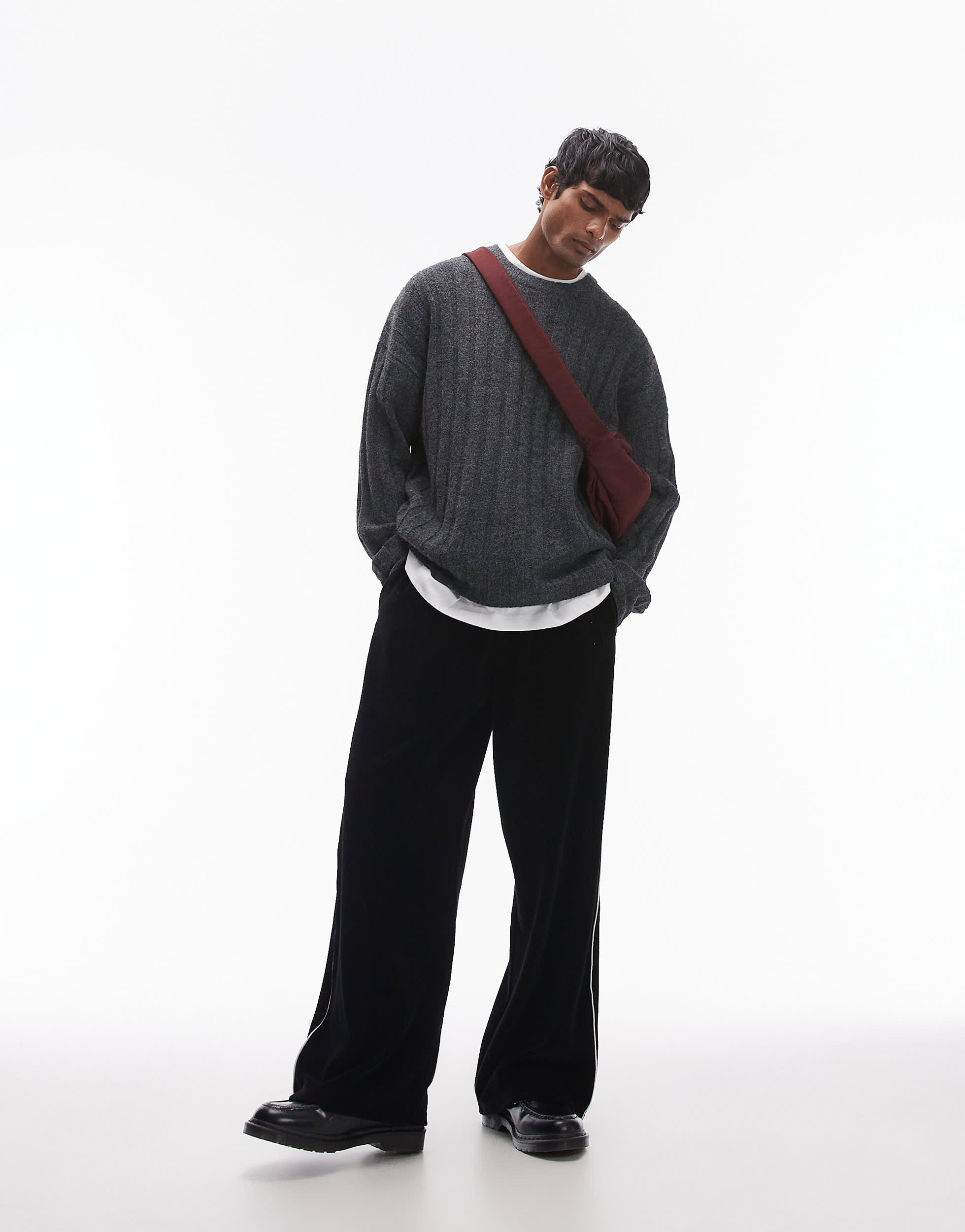 Topman relaxed fit rib jumper in charcoal