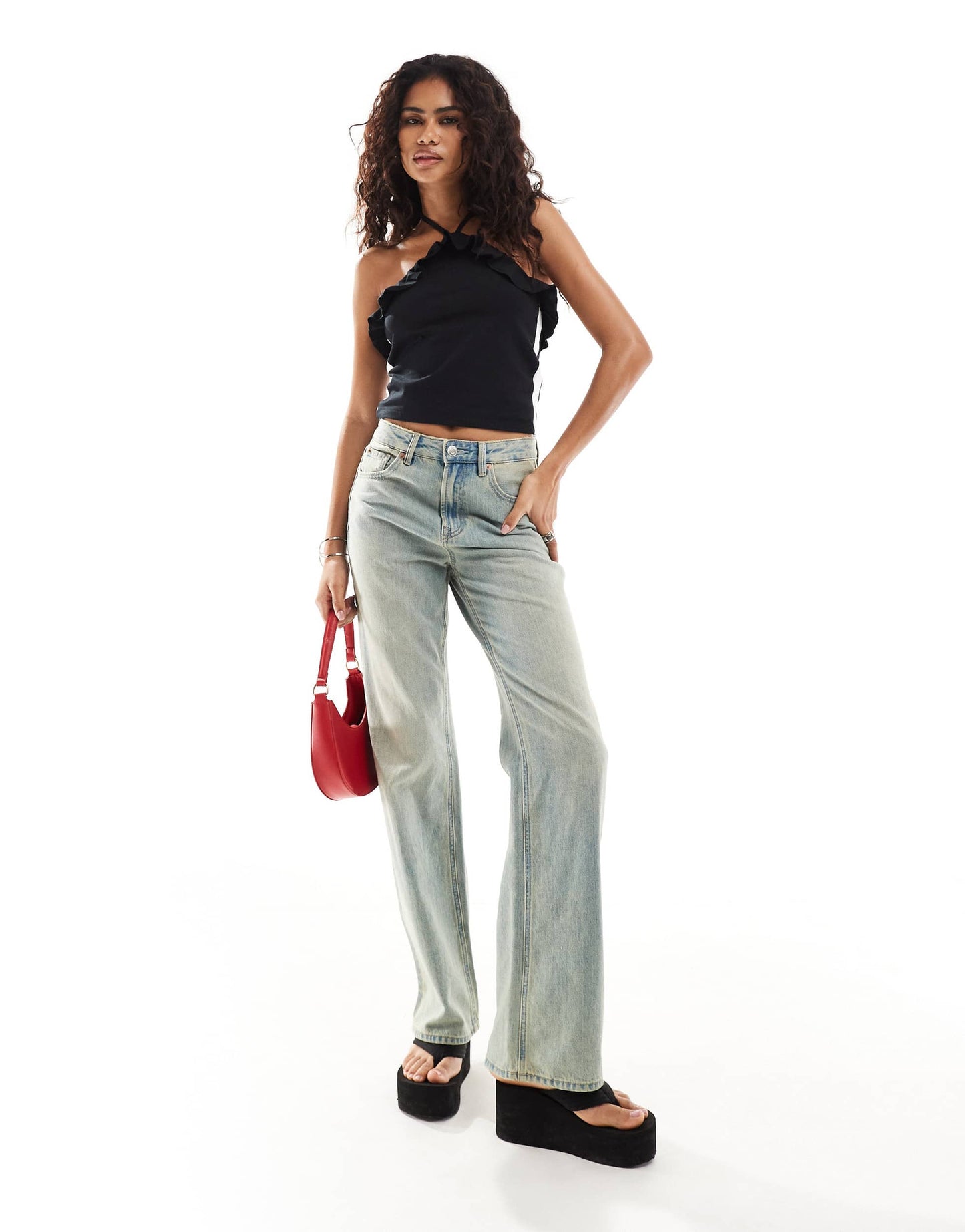 COLLUSION ruffle halter top with side stripe in black