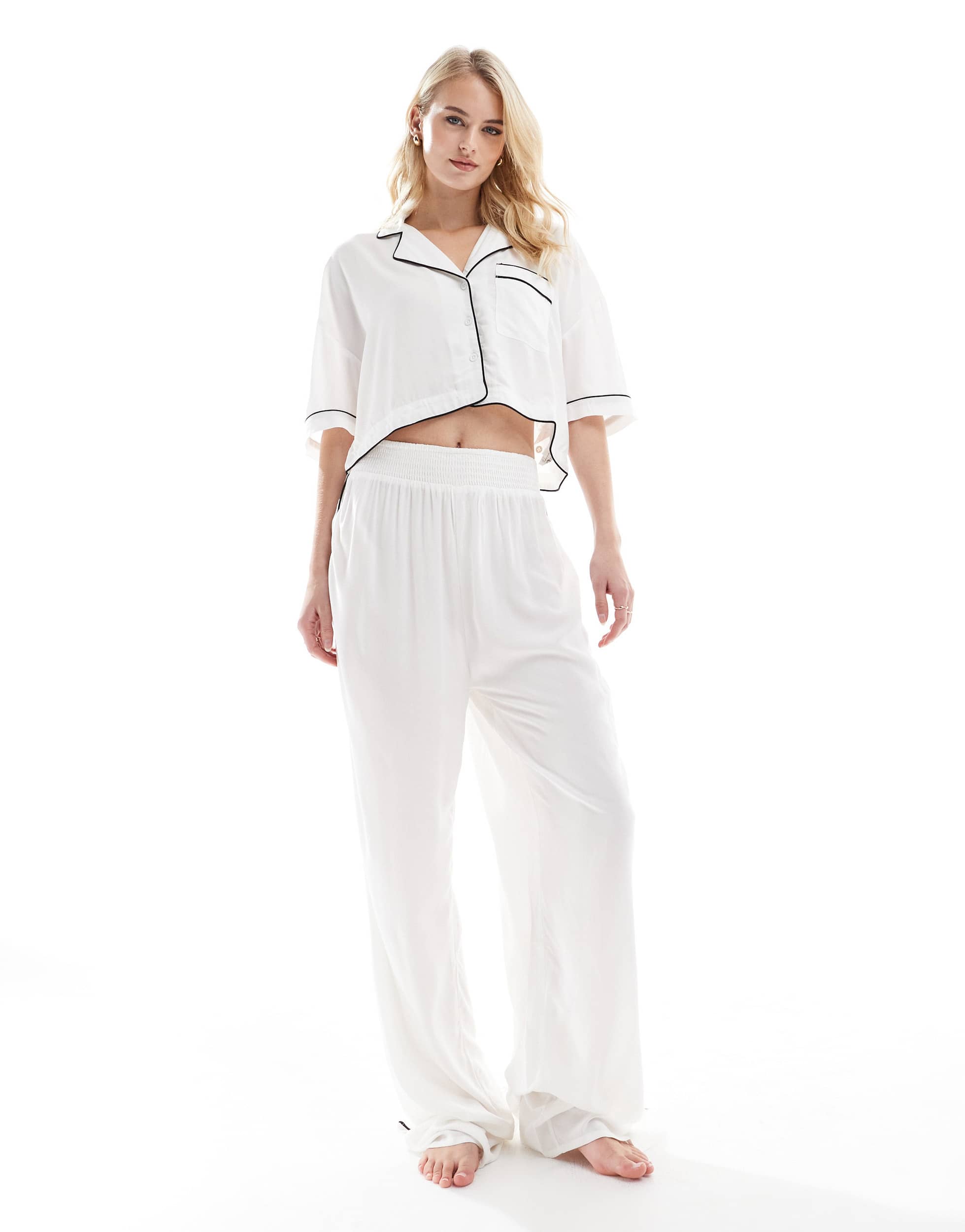 ASOS DESIGN Tall super soft slinky wide leg pyjama trouser in white with contrast binding