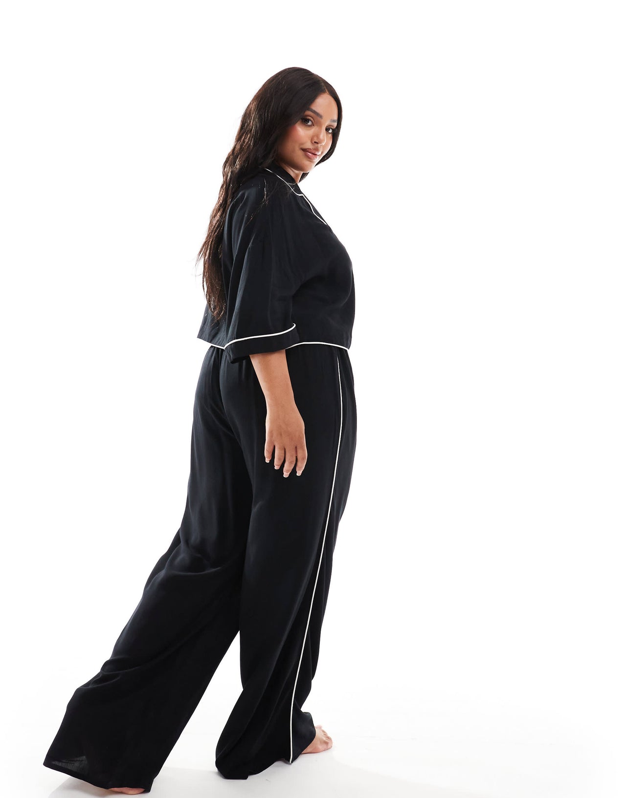 ASOS DESIGN Curve super soft slinky wide leg pyjama trouser in black with contrast binding