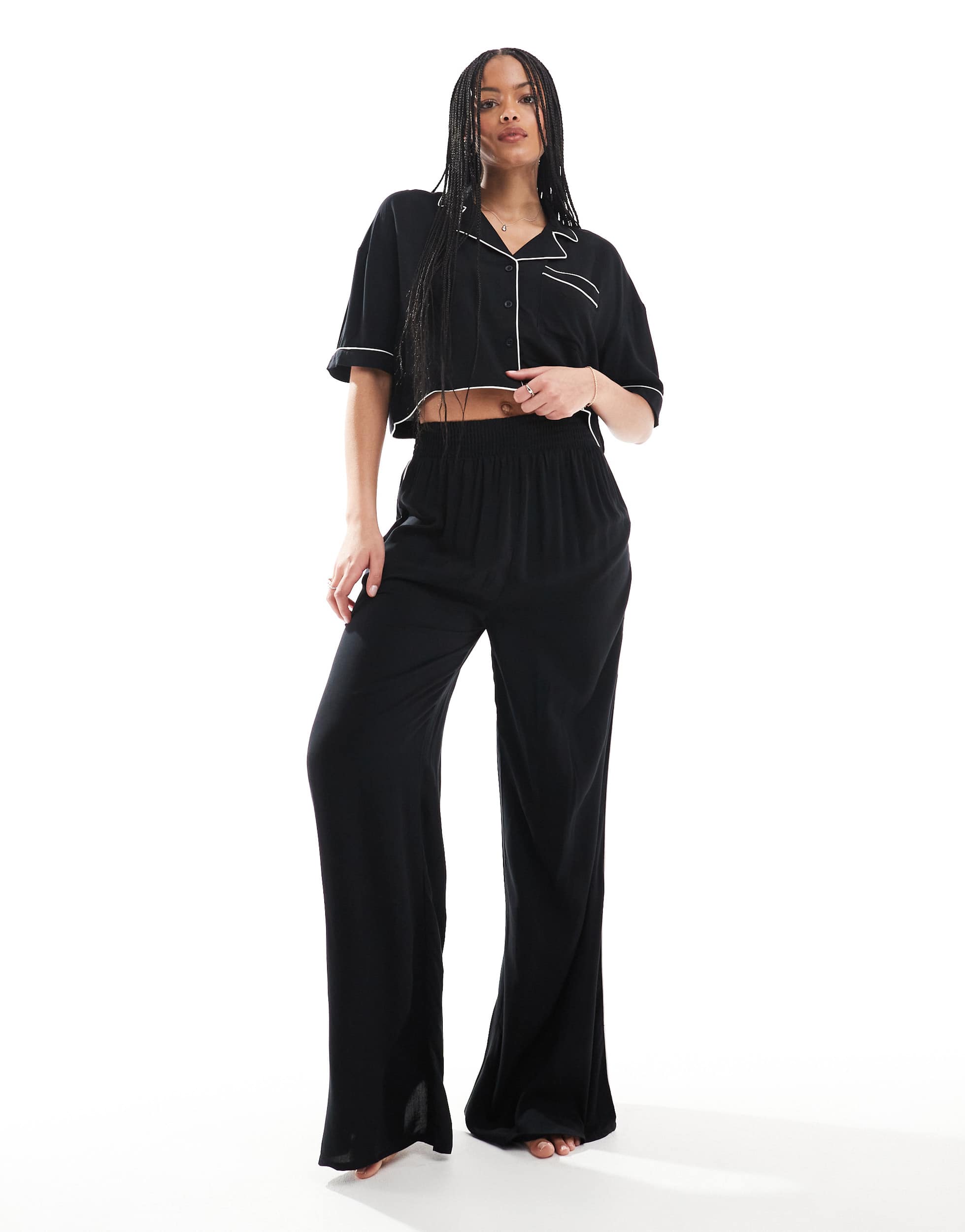 ASOS DESIGN Tall super soft slinky wide leg pyjama trouser in black with contrast binding