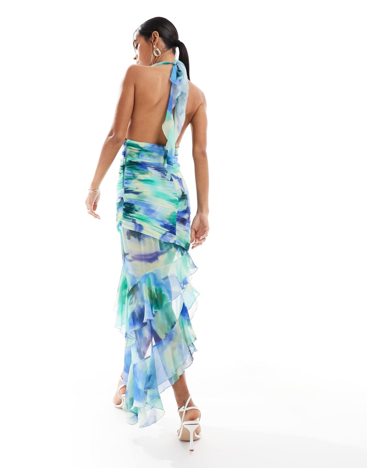 Mango halterneck high split printed midi in blue