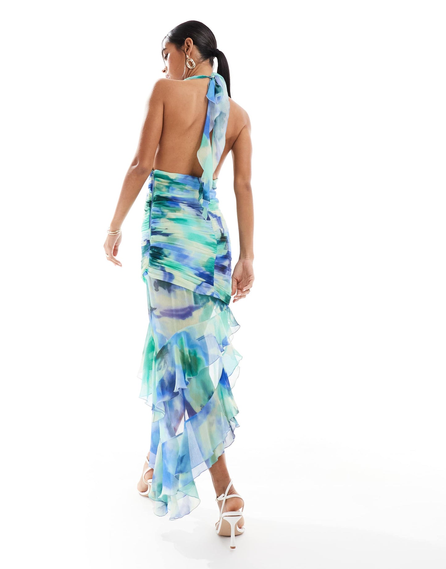 Mango halterneck high split printed midi in blue