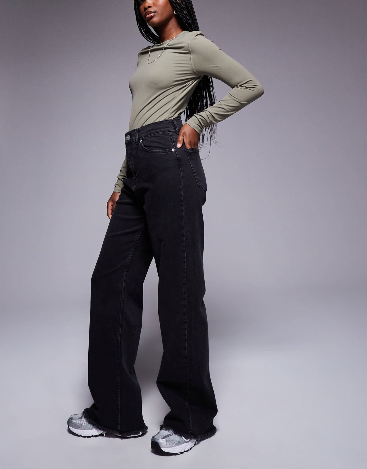 Sixth June relaxed low waist denim jean with frayed hem in black