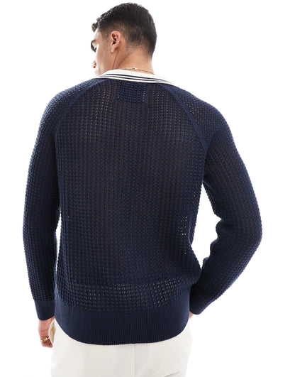 GANT varsity mesh knit rugby jumper in navy