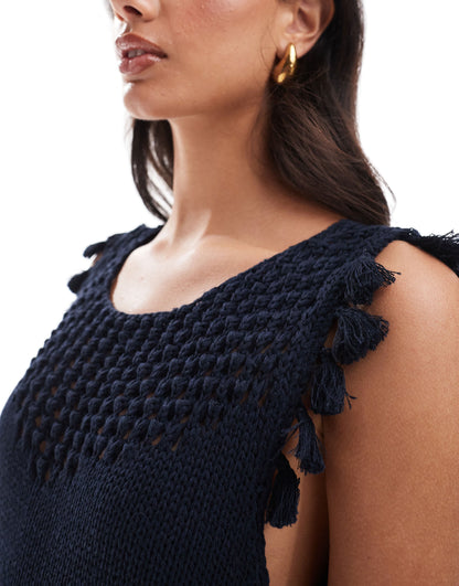 ASOS DESIGN knitted mini vest dress with tassels in black