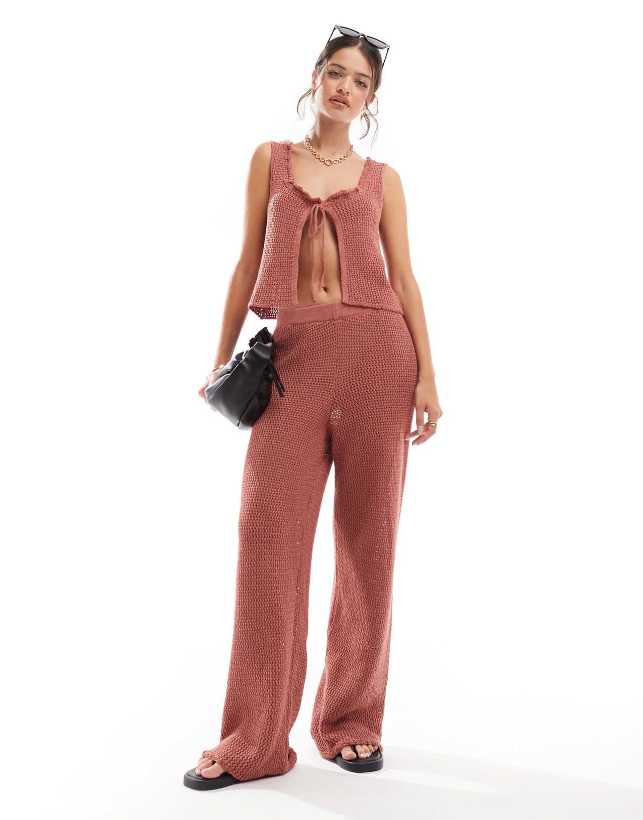 ASOS DESIGN knitted vest with tie front co-ord in rust