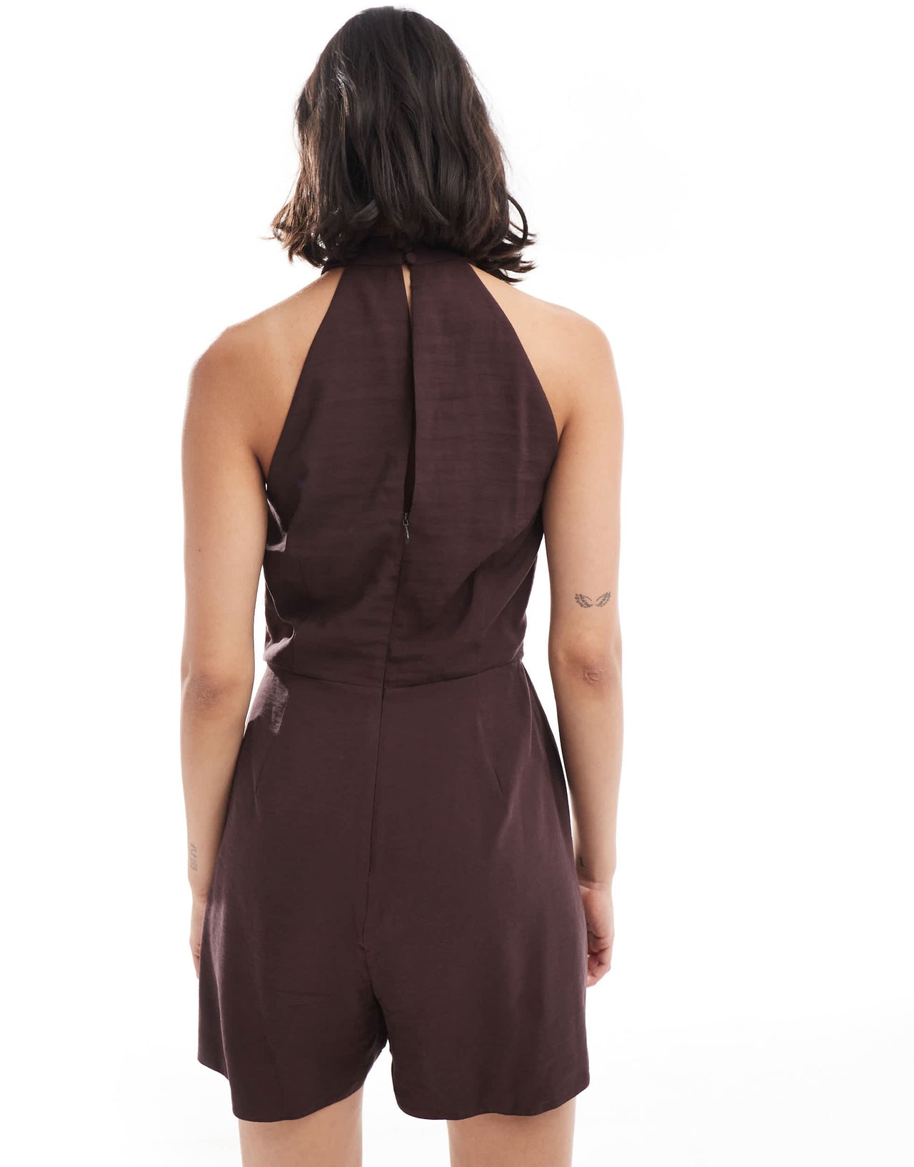 ASOS DESIGN twist neck button through playsuit in chocolate