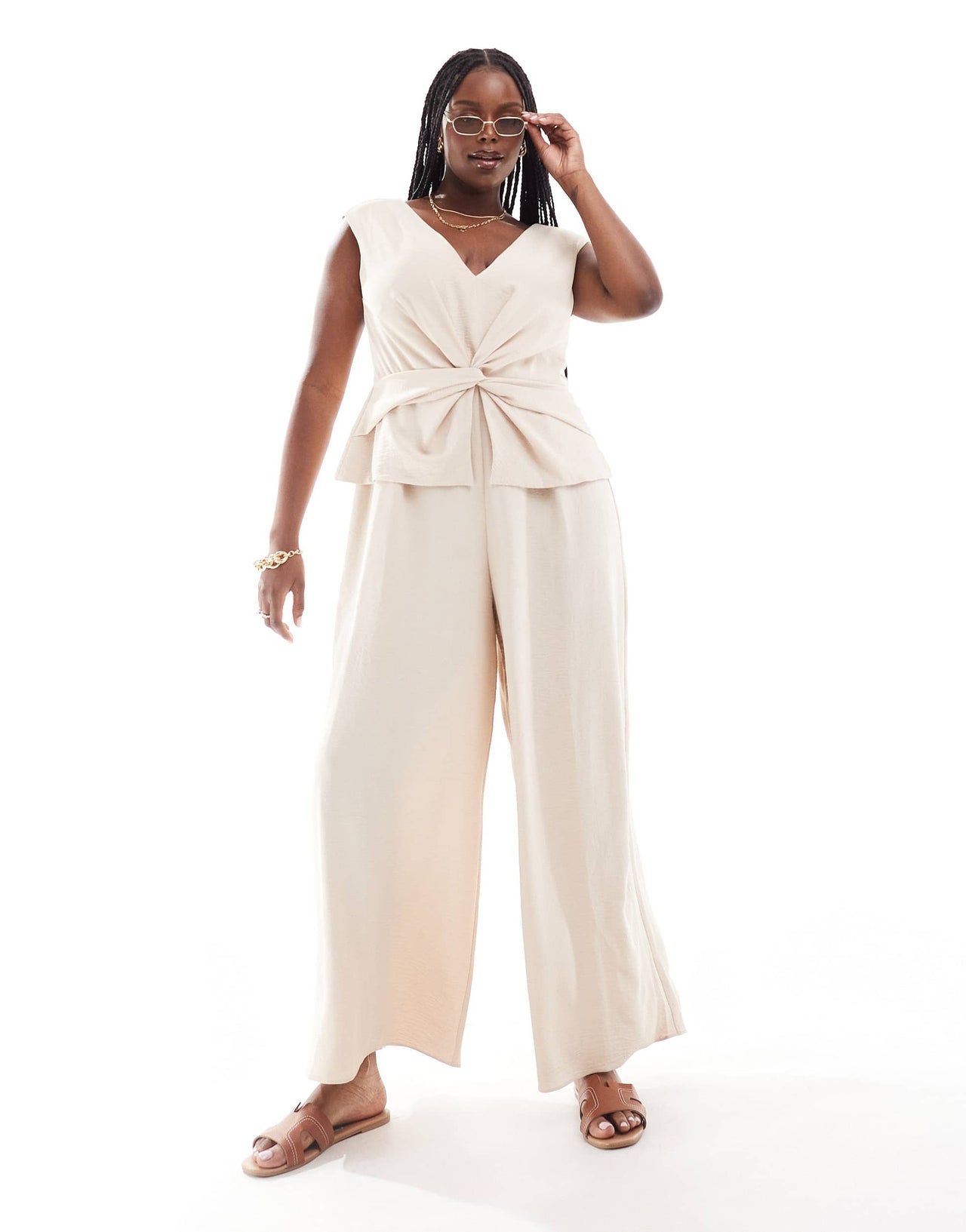 ASOS DESIGN Curve v neck wrap waistcoat jumpsuit in oatmeal