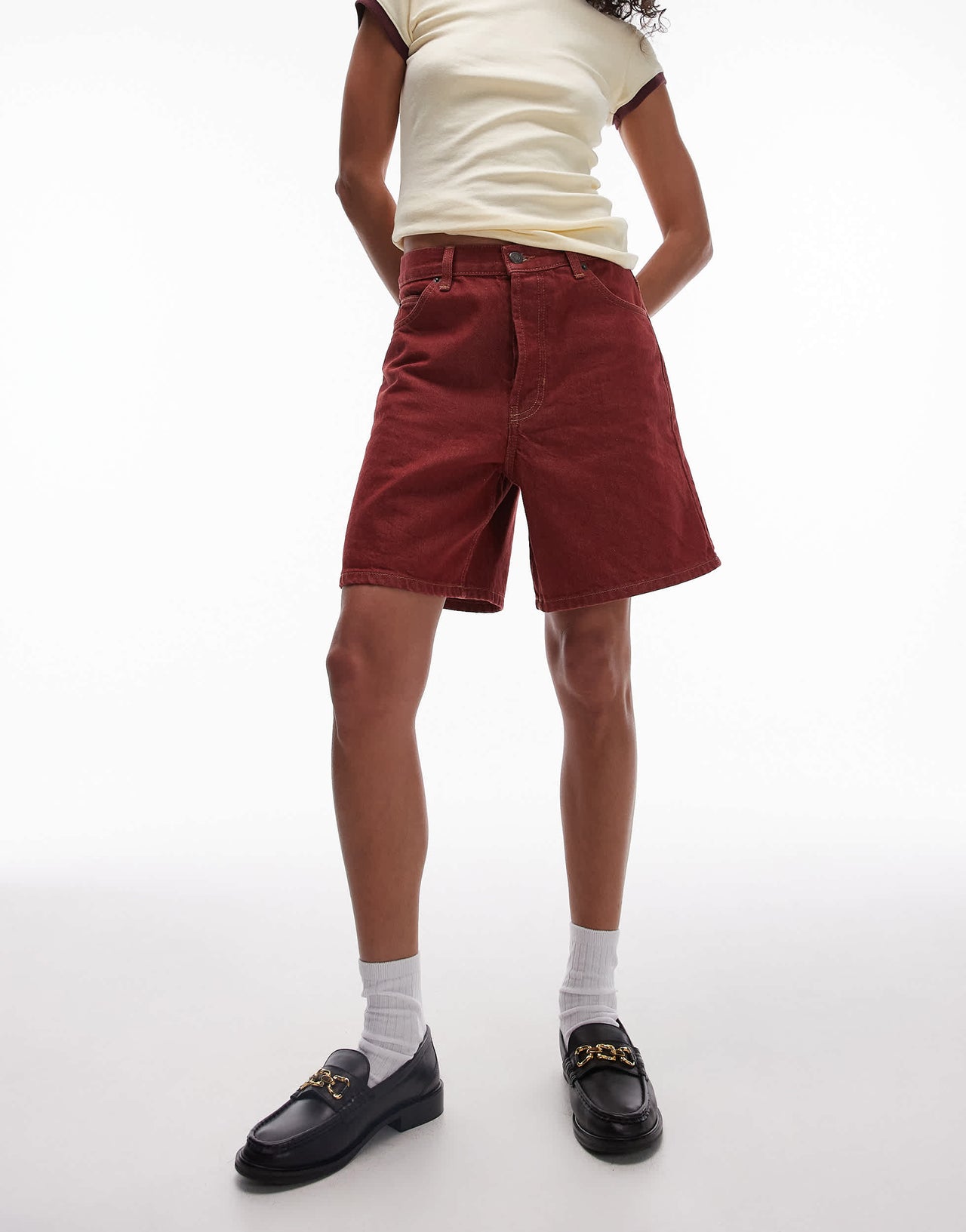 Topshop denim loose fit jort in red