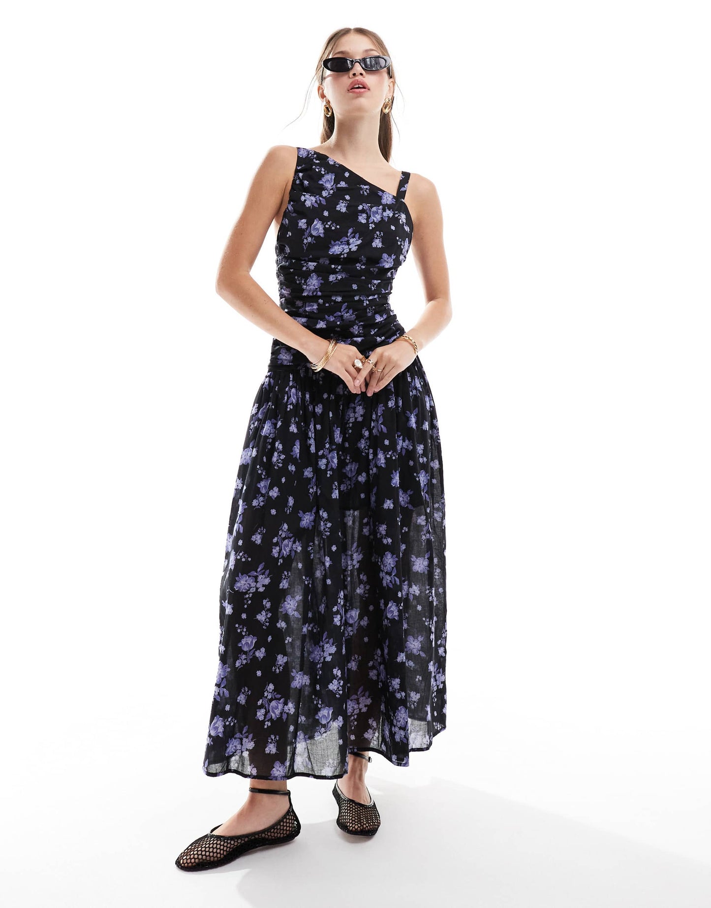 ASOS DESIGN asymmetric cross strap midi dress in dark floral
