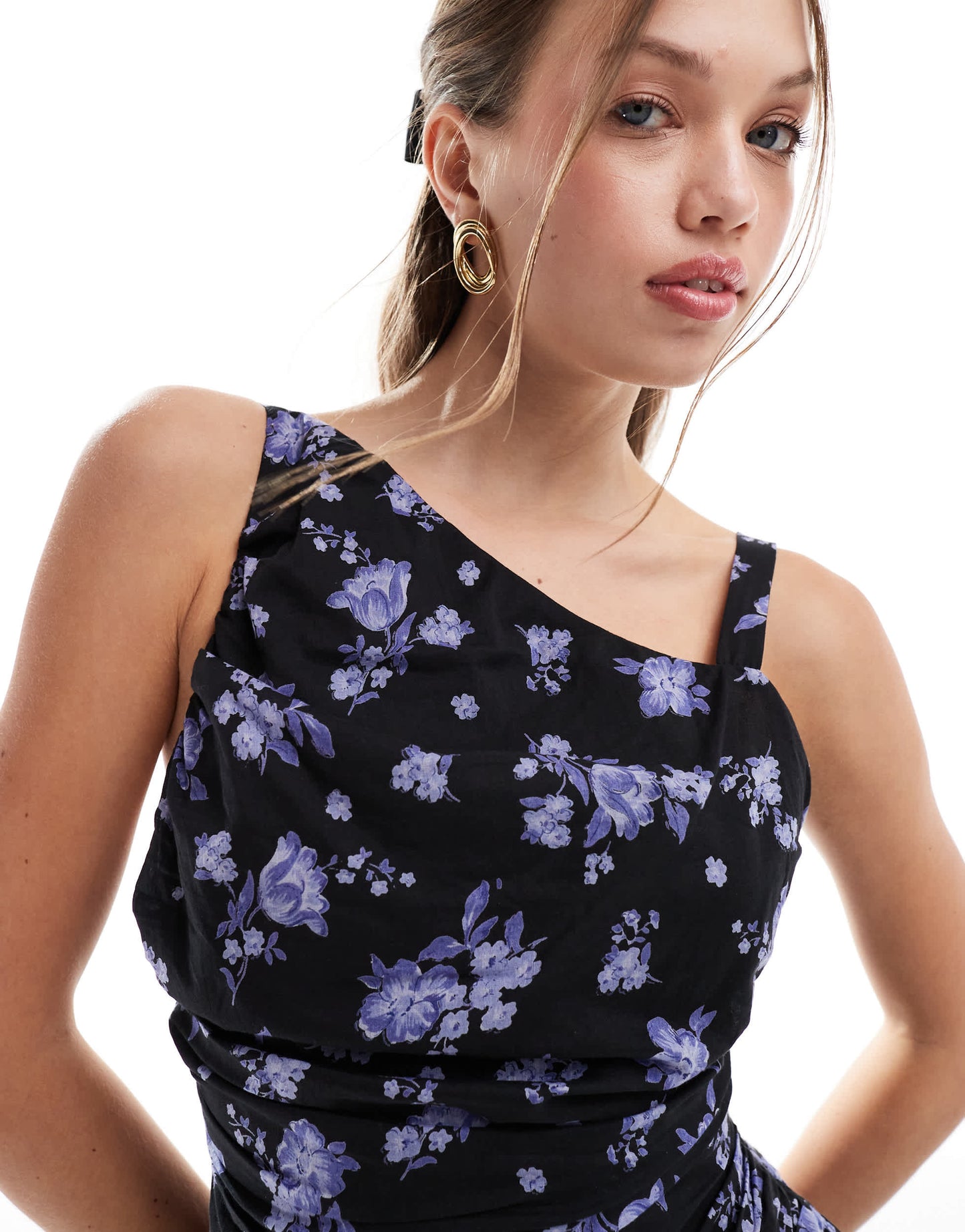 ASOS DESIGN asymmetric cross strap midi dress in dark floral