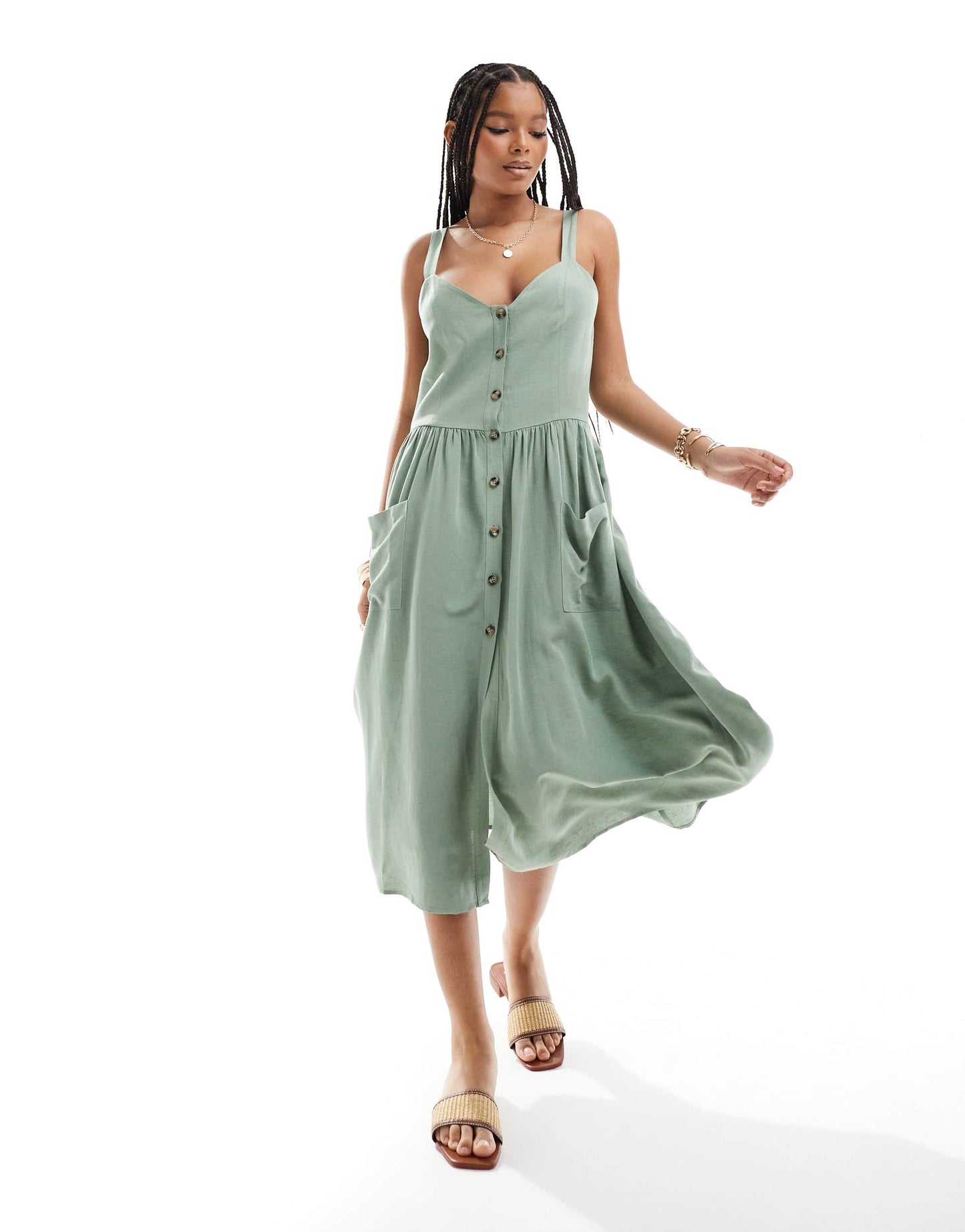 ASOS DESIGN linen natural button through midi dress with pockets in khaki